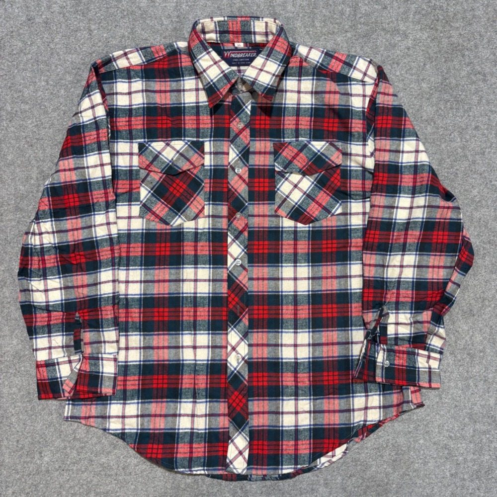 Windbreaker Mens XL Flannel Shirt Red White Blue Plaid Cotton Long Sleeve Button